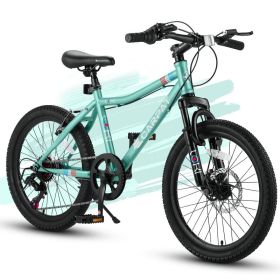 S20101 20 Inch Kids' Bike, Boys Girls Mountain Bike Ages 6-12, 7 Speed Teenager Children Kids' Bicycles, Front Suspension Disc Brake Rear V-Brake (Option: Green)