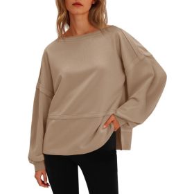 Fisoew Womens Casual Crewneck Sweatshirts Lantern Long Sleeve Side Slit Loose Sweatshirt Fall Crop Pullover Tops (Option: Khaki-M)