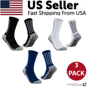 3 Pair Sport Socks Anti Slip W/ Grip Soccer Men Football Basketball Sock Premium (Sock Size: Mens 6-12, Women 7-13, Color: Black + White + Blue)